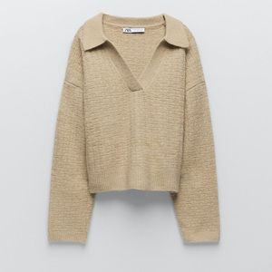 Zara: polo collar knit sweater in light camel. Size small
